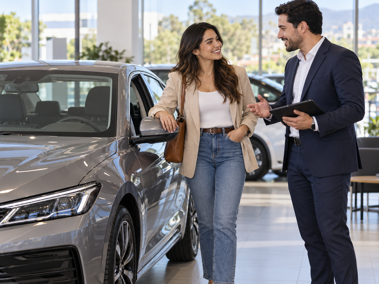 Cliente conversando con un asesor junto a un automóvil