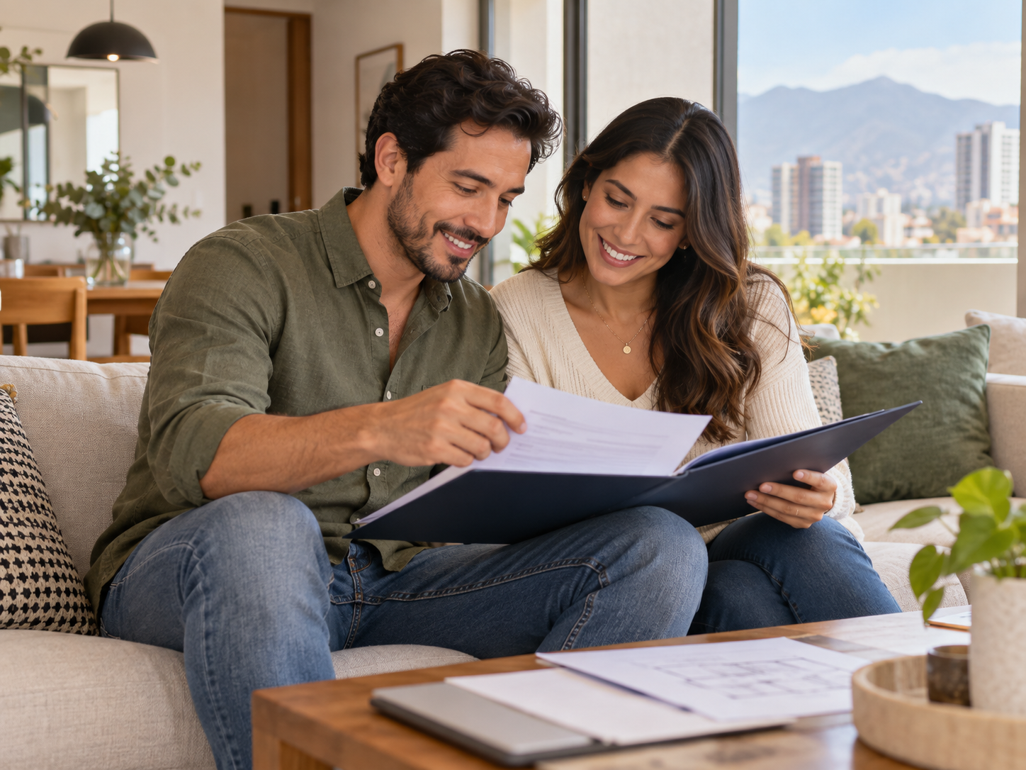 Pareja revisando documentos para comprar vivienda
